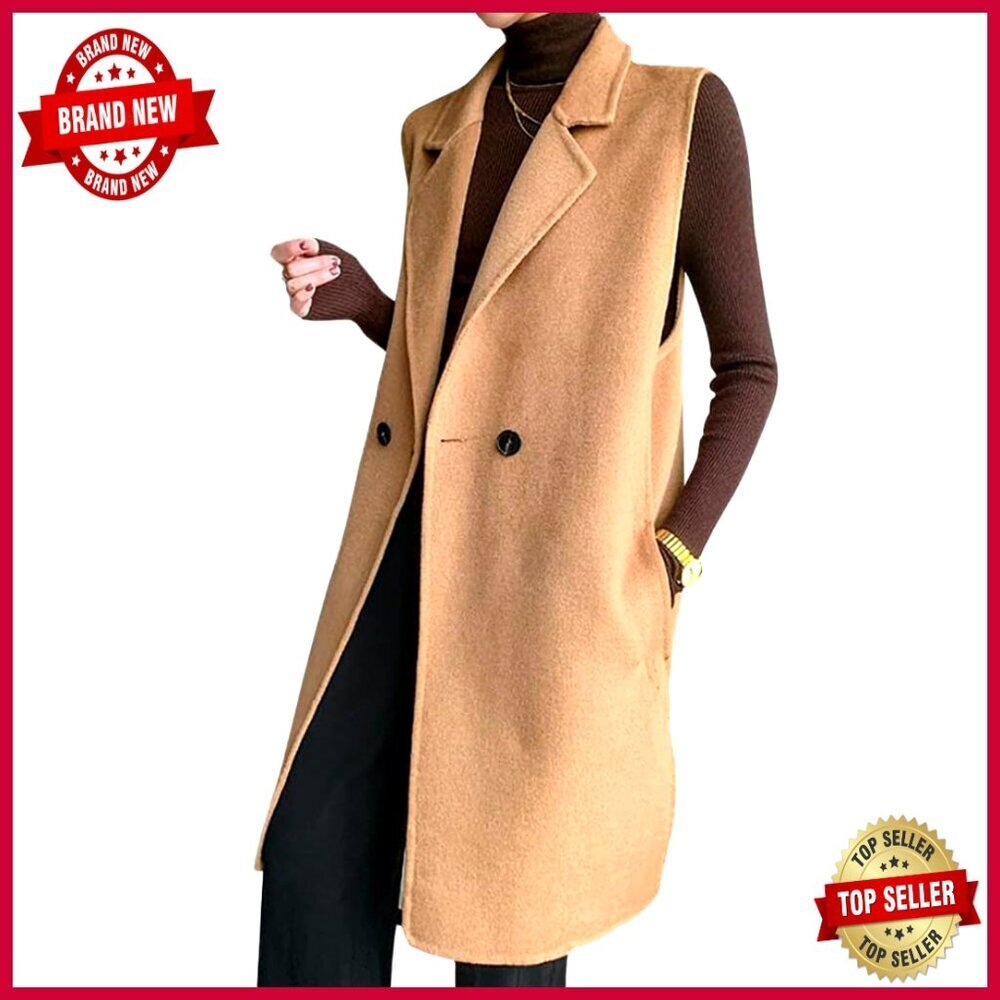 Wool Blend Vest Sleeveless V-Neck Long Cardigan Blazer with Pockets